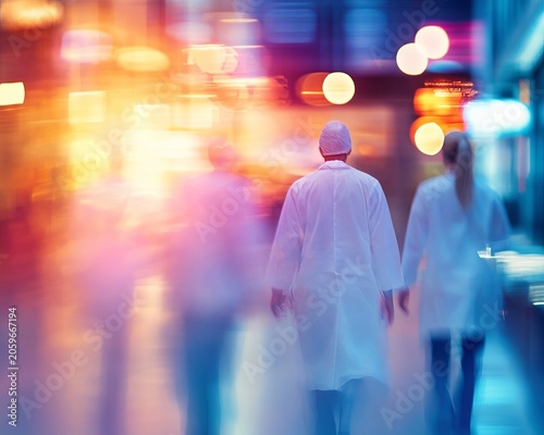 Blurred View of Medical Professionals Walking In A Hospital Corridor During A Busy Evening Shift