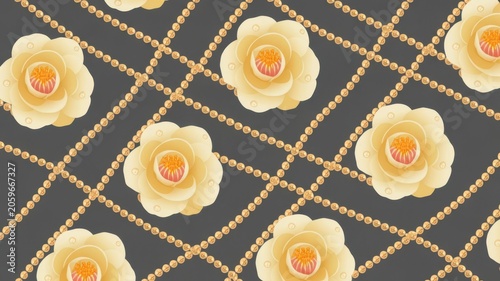 Elegant White Roses Gold Lace Pattern Seamless Dark Background Floral Design