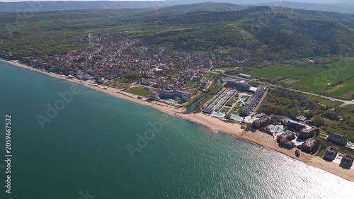 Aerial panorama of Obzor beach resort town on the Black Sea coast, Bulgaria