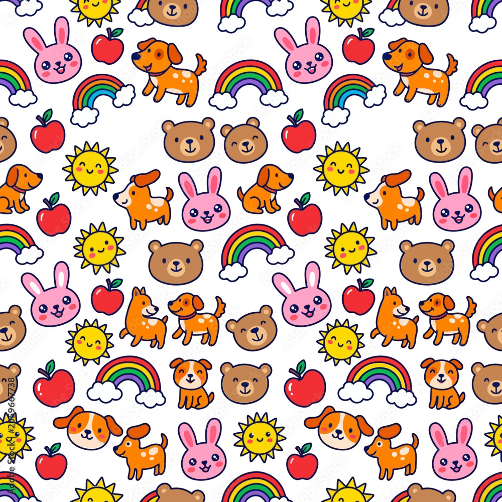 Fototapeta premium cute seamless pattern with playful cartoon animals suns rainbows and apples perfect for kids backgrounds and textile design.