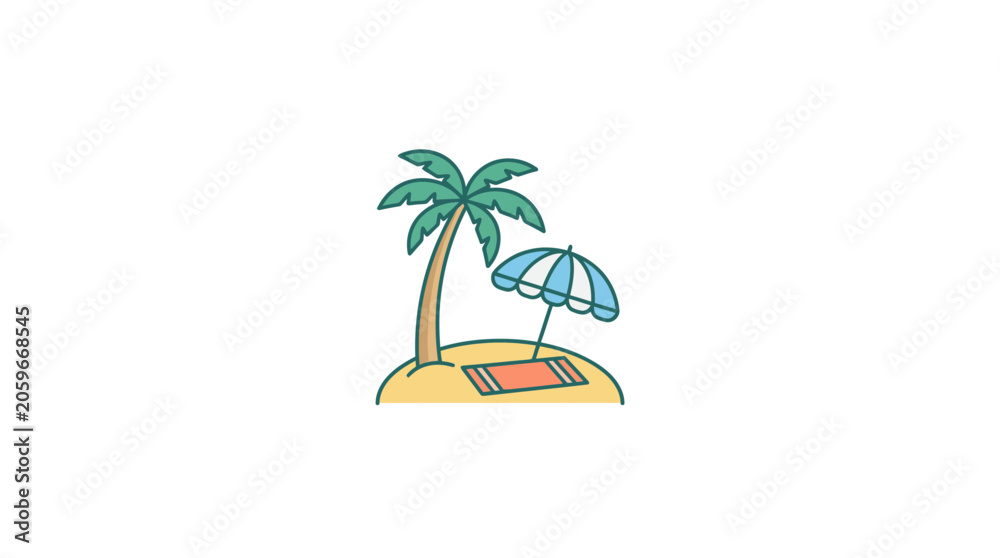 Obraz premium Tropical Island Beach Scene with Palm Tree, Umbrella, and Towel - Vector Illustration