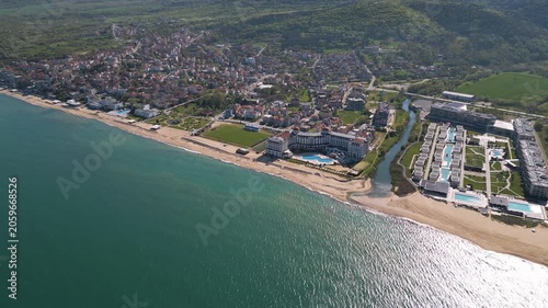 Aerial panorama of Obzor beach resort town on the Black Sea coast, Bulgaria