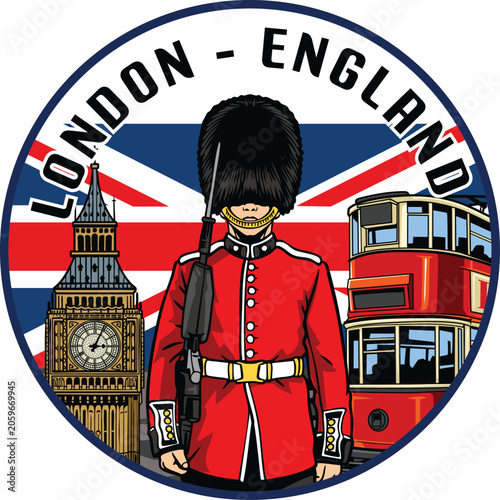Canvastavla Vintage circular badge illustration featuring a British royal guard, Big Ben, and a red double-decker bus on a Union Jack flag background