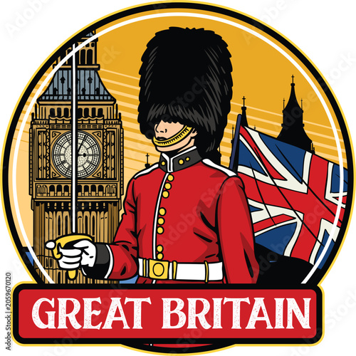 Fotografie Vintage circular graphic badge depicting a British royal guard soldier in red un