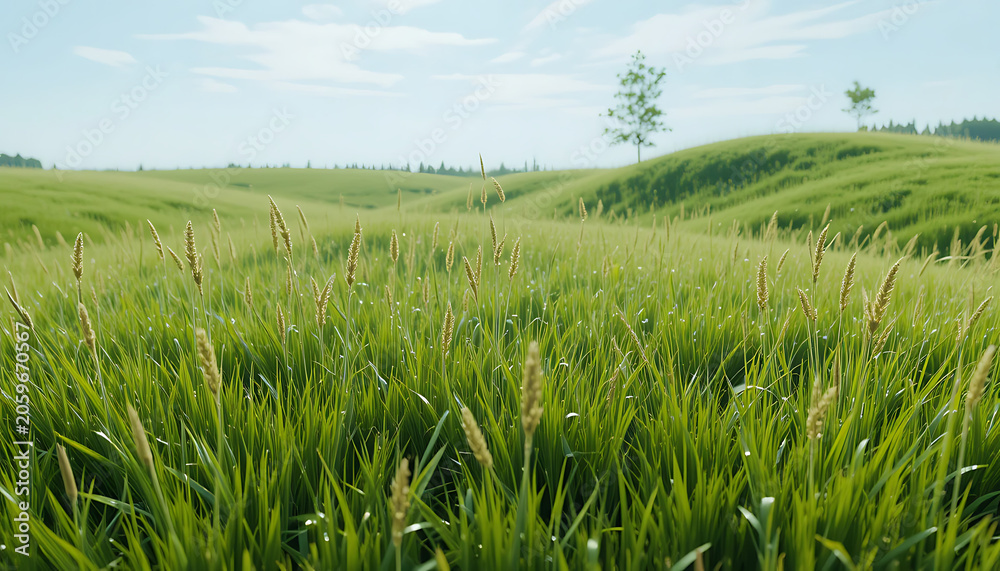 Obraz premium Swaying Green Rice Field in Summer Countryside with Soft Wind Movement