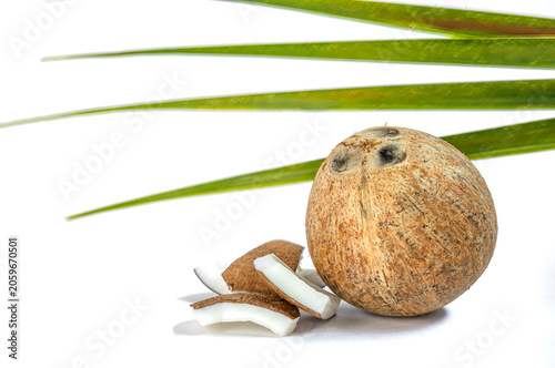 Coconut, Whole and sliced coconut on white background, showing white flesh and brown shell, ideal for food, health, and natural ingredient concepts