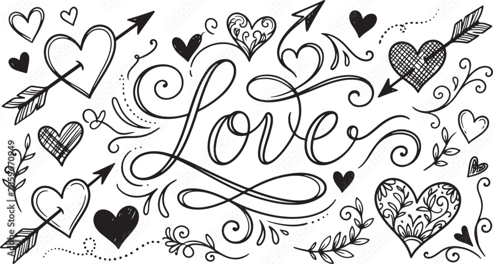 Fototapeta premium Valentine's day doodle art with hearts and arrows