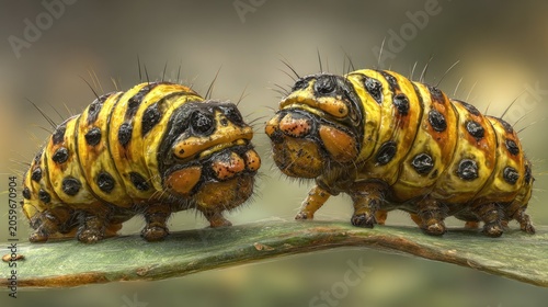 Two heavily textured, brightly colored larva creatures face each other on a narrow botanical surface