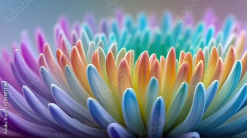 Vibrant, layered petals of a bloom display a spectrum of soft, bright colors in extreme close up.