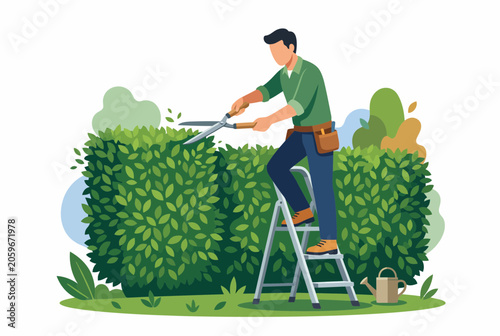 Professional Gardener Trimming Hedge on Ladder
