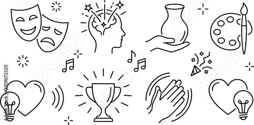 Fényképezés Art creativity and talent line icon set featuring drama masks painting palette p