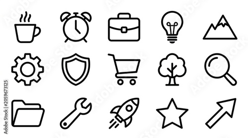 Collection of simple line art icons for business and technology.