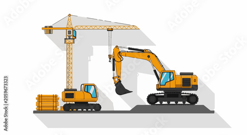 Yellow construction equipment with crane and excavator on gray platform