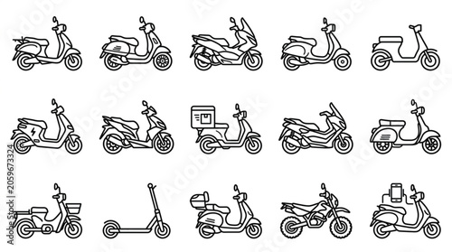 Collection of Scooter and Motorcycle Line Art Illustrations.