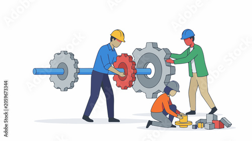 Workers in hard hats assembling large interlocking gears and tools