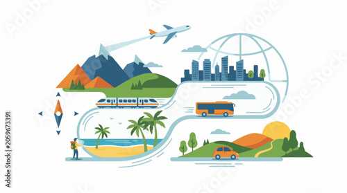 Vibrant travel illustration with various landscapes and modes of transportation