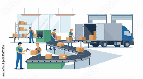 Warehouse workers loading boxes onto conveyor belt and into truck