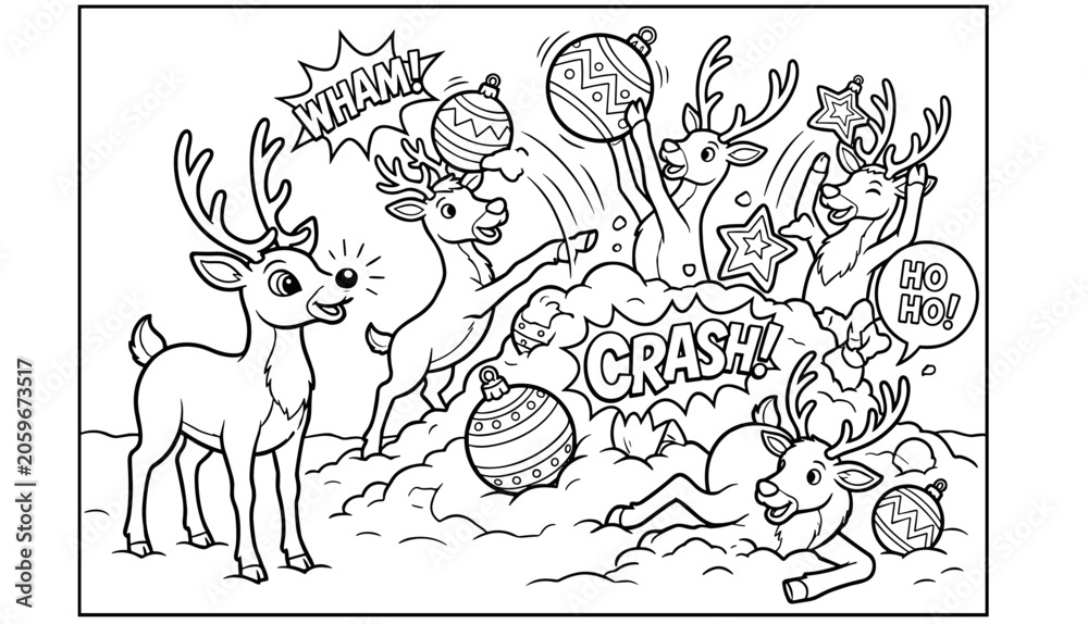 Obraz premium Whimsical reindeer characters creating a joyful and slightly chaotic scene, playfully interacting with scattered holiday ornaments in a snowy festive setting