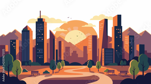 Vibrant cityscape with skyscrapers and park at sunset