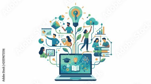 Vibrant digital illustration depicts people learning surrounded by graphs growing from a laptop