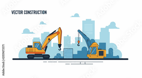 Vector illustration of two excavators and construction site with cityscape