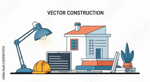Vector illustration of house design workspace with laptop, lamp, hard hat