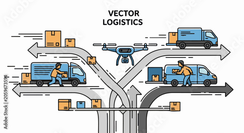 Vector graphics illustration of logistics and delivery process with trucks and drones