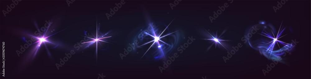 Fototapeta premium Glowing light flash set with smoke effect isolated on black background. Vector realistic illustration of neon blue star shine with radiant beams, bright shimmering starburst with luminous flare