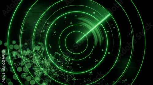 Green radar sweep concentric rings threat dots phosphor glow, cybersecurity dark background