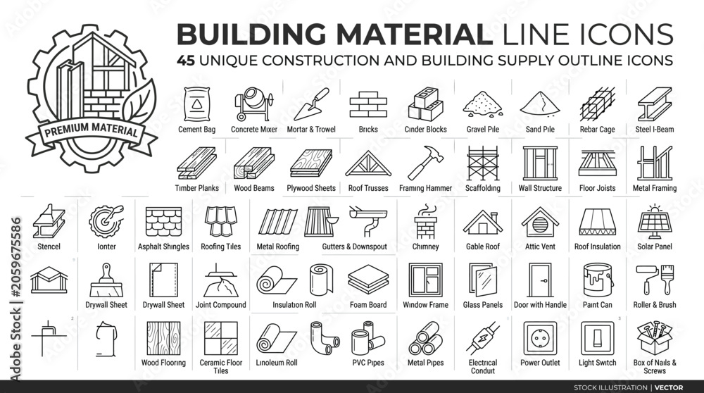 Obraz premium Set of 45 building material line icons, construction and building supply outline icons
