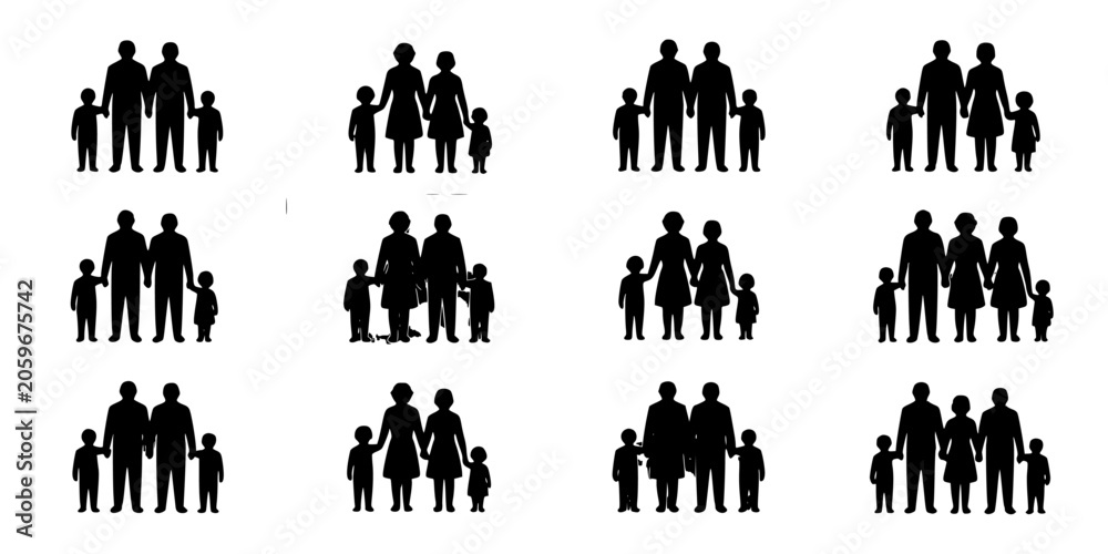 Obraz premium Families Standing Together in Various Group Configurations Featuring Silhouettes, Black, White with Vector and Illustration Elements for Parents