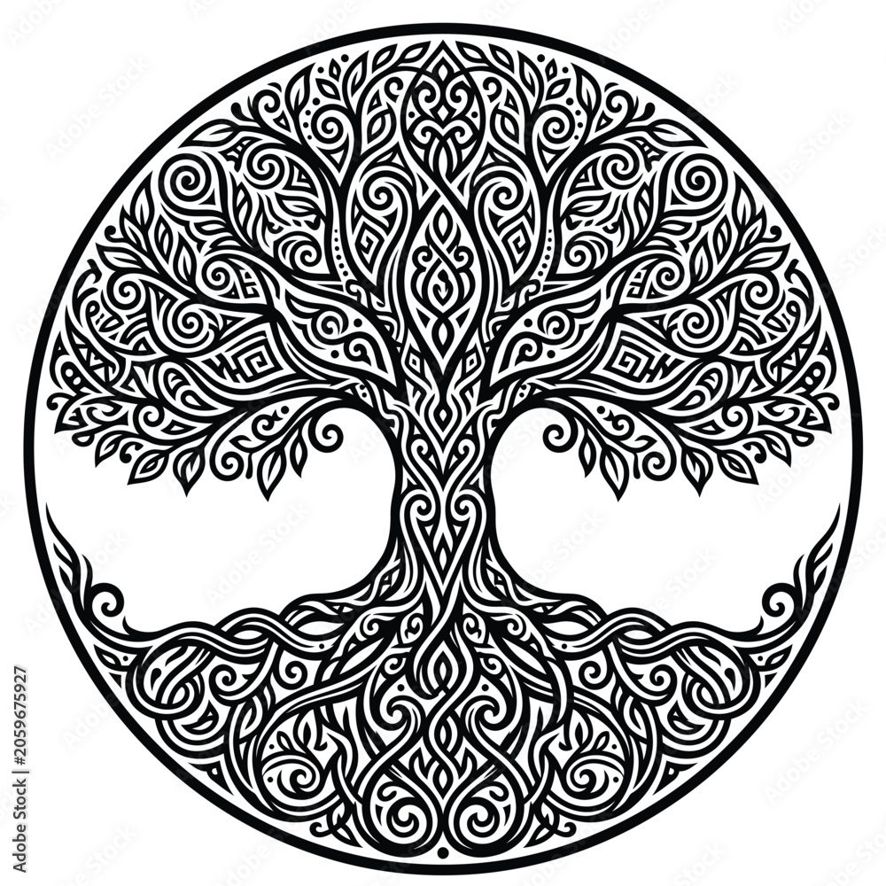 Fototapeta premium Tree of Life Celtic Knot Ornamental Circle Symbol Black and White Illustration