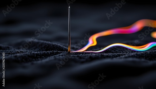 The image features a single, sharp needle protruding vertically from a dark, textured surface that resembles sand or fine granular material