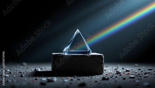 The image features a clear, triangular glass structure balanced on a dark, rectangular base set on a rough, textured surface scattered with small rocks and debris