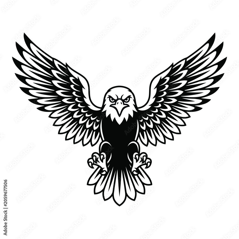 Obraz premium Bald Eagle Flying with Powerful Spread Wings, Black and White Graphic Mascot Logo Illustration.