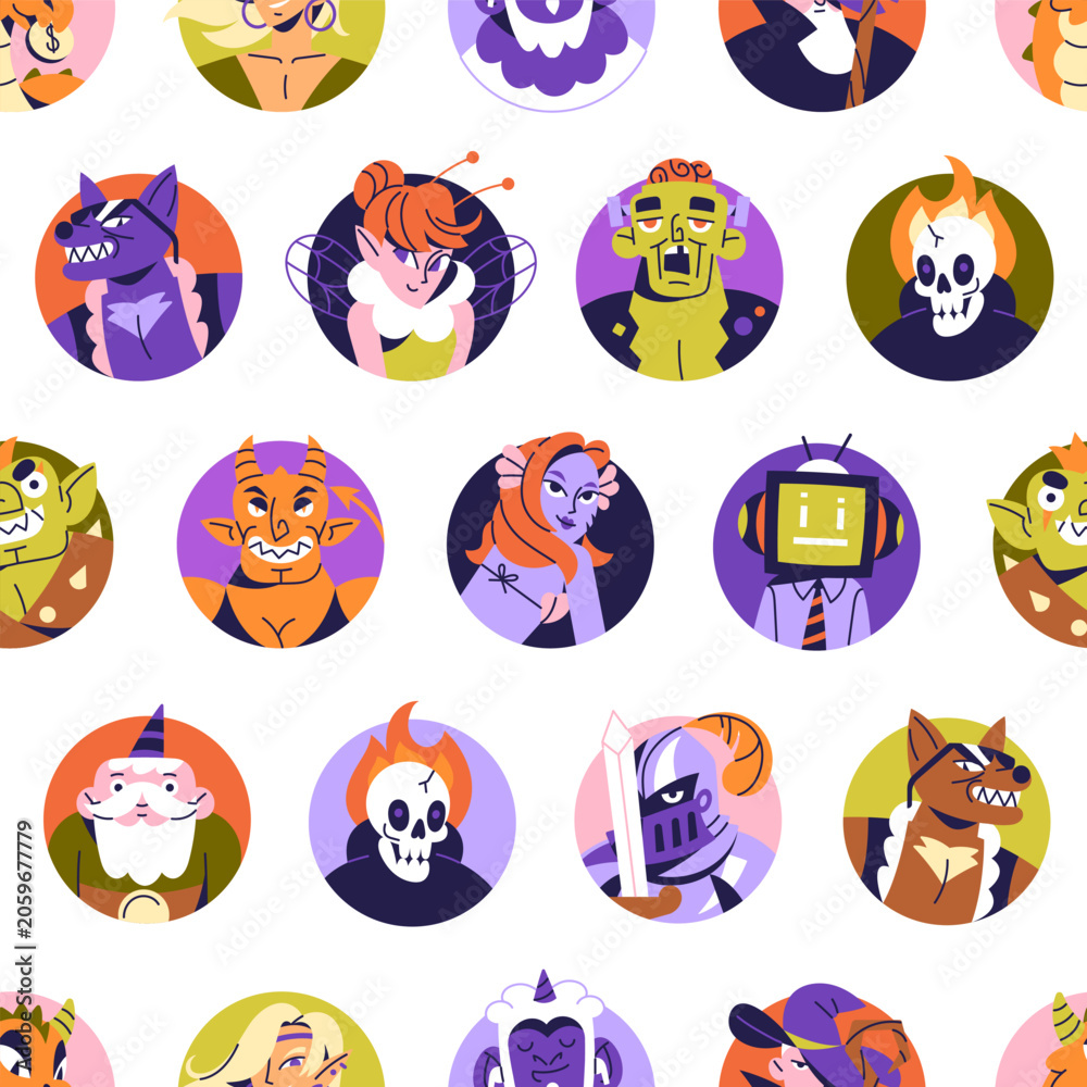 Obraz premium Repeatable pattern of round avatars of different fantasy characters. Endless background of circle portraits of fairytale creatures, faces of dragon, dwarf, elf. Flat seamless vector illustration