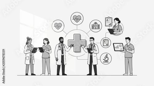 Medical professionals standing around a large cross with health-related icons