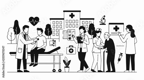 Medical professionals providing healthcare in a hospital setting with patients and equipment