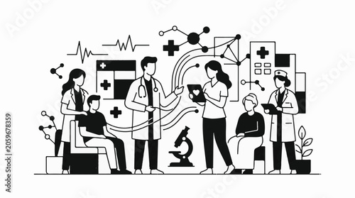 Medical professionals providing care with health symbols and equipment