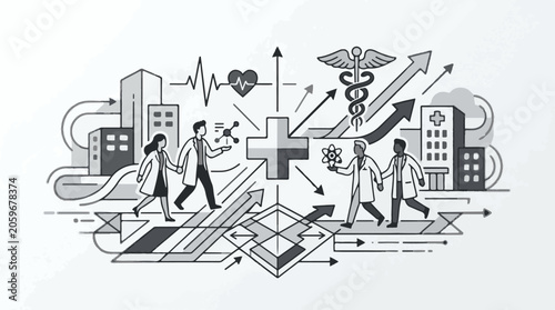 Medical professionals navigate through a cityscape amidst various health-related symbols