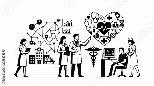 Medical professionals interacting with patient and data analysis in a healthcare setting