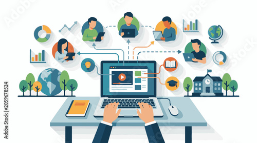 Online learning concept with people and icons