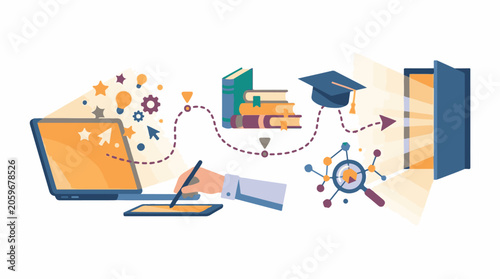 Online learning concept with laptop, books, graduation cap, and file