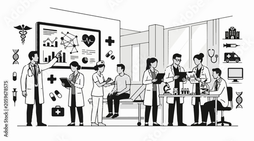 Medical professionals in a hospital setting with various health-related symbols