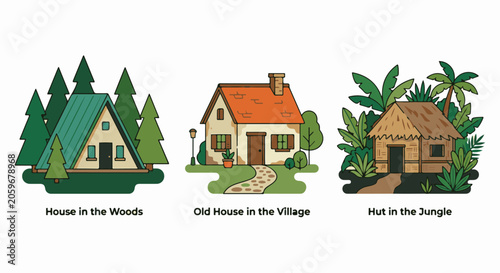 Three houses in different environments, each with unique features