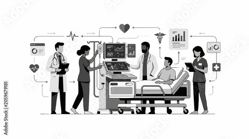 Medical professionals attending to a patient in a hospital setting with various medical devices