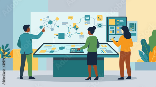 Three people interact with digital display table and screen