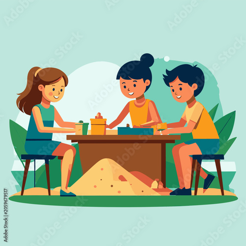 Three children engaged in creative play with sand and colorful cups outdoors