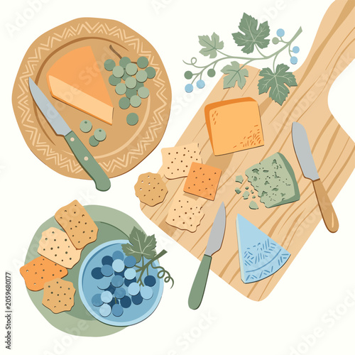 Foto Cheese and crackers with fruits plate.