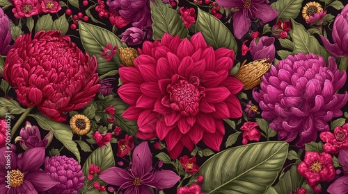 Vibrant tropical floral arrangement displays deep magenta and crimson blossoms against a dark background